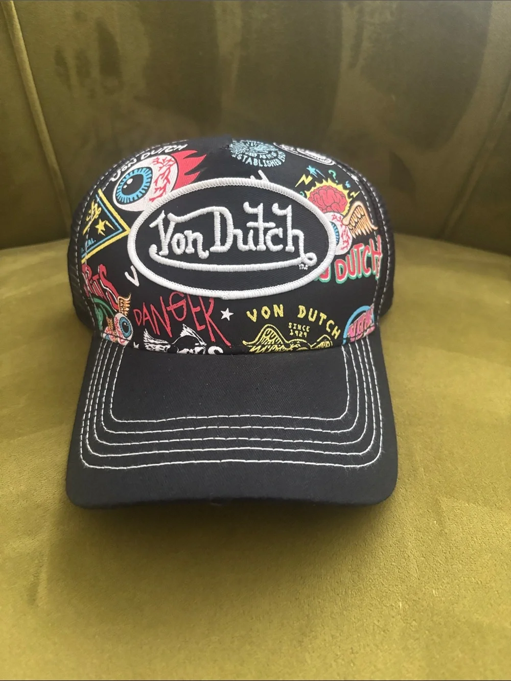 Von Dutch Black Trucker Cap with Colorful Graphic Patches NWOT